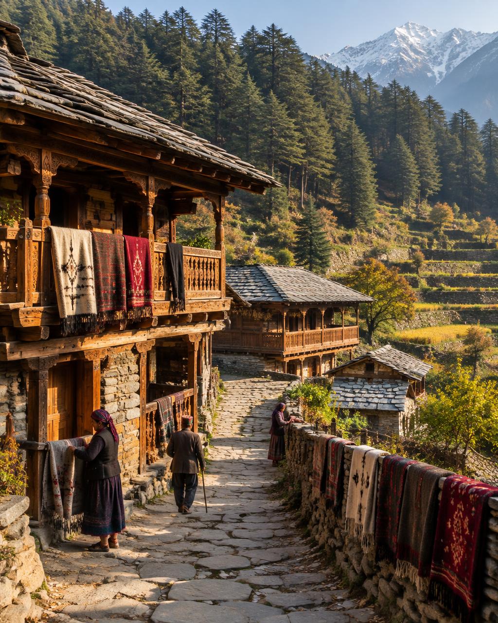 Traditional Pahadi village with wooden Himachali houses